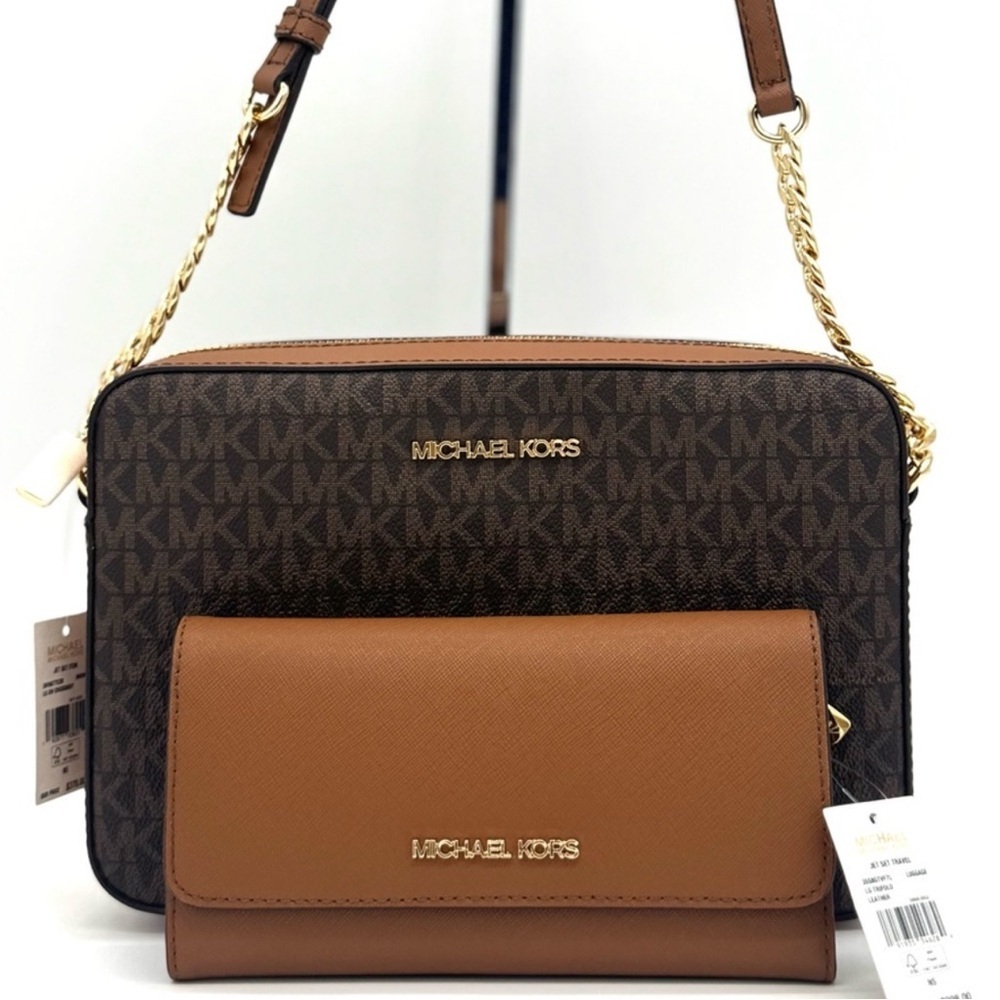 Michael Kors Large EW Crossbody Bag & Trifold Wallet Set Brown/Luggage